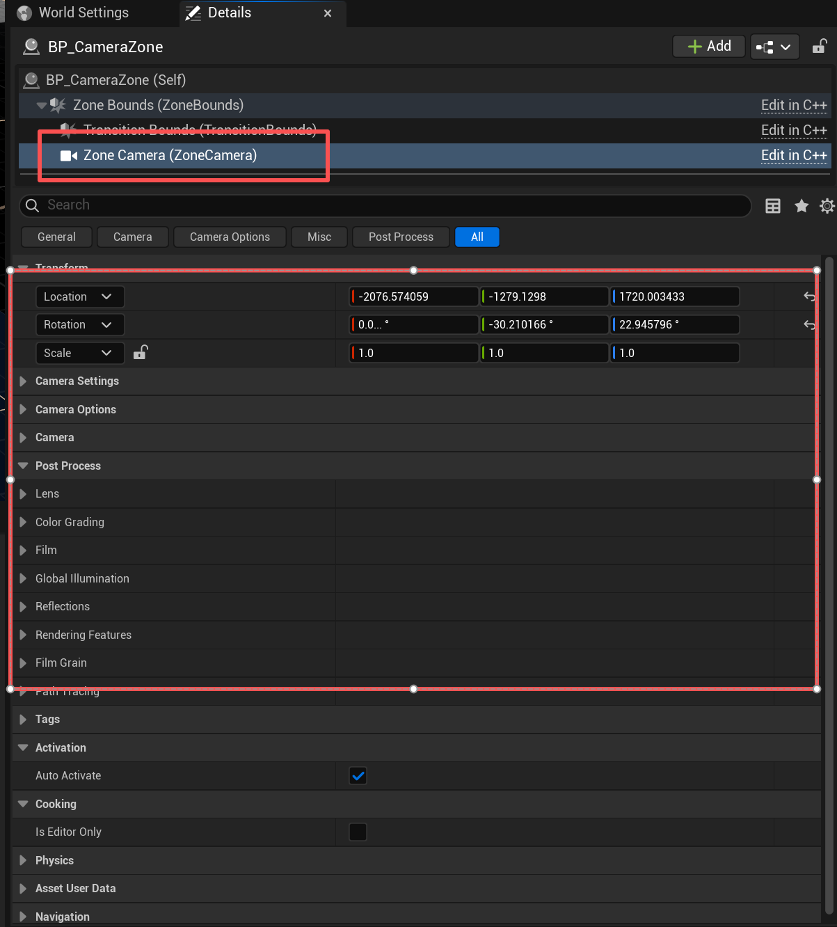 The Zone Camera component selected, showing its Transform section in the Details panel