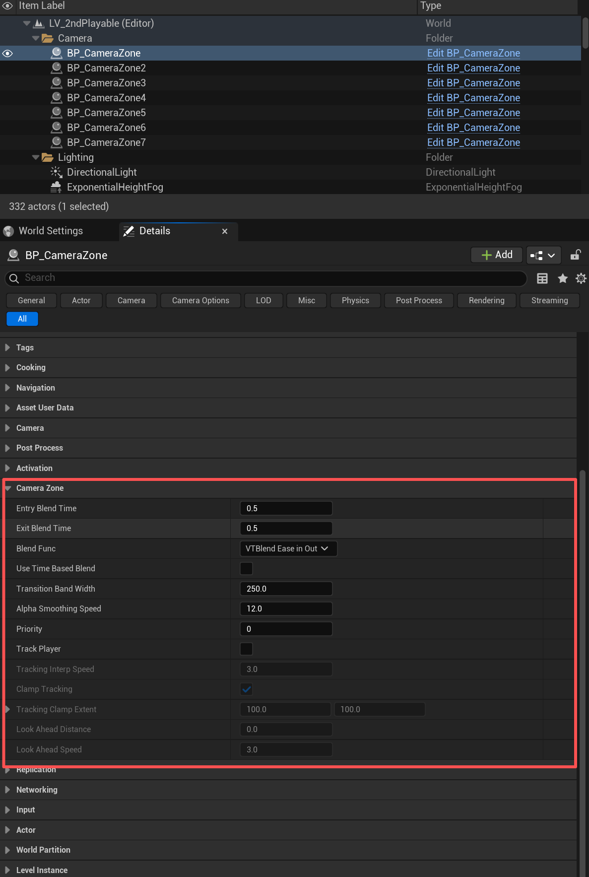 The Camera Zone section of the Details panel with all its parameters
