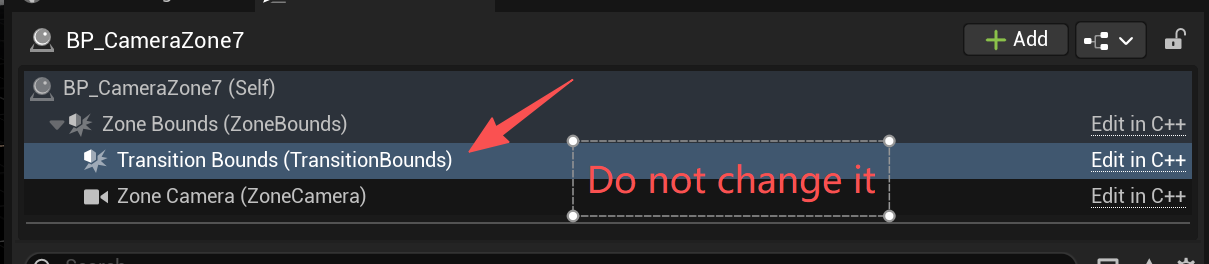 The component list of a camera zone, with Transition Bounds marked "do not change it"