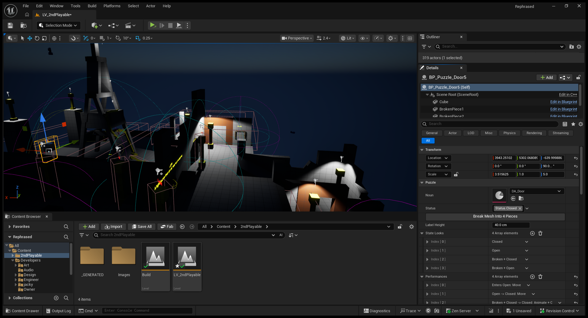 The Unreal Editor with LV_2ndPlayable open: the Viewport, the Outliner and Details panel on the right, and the Content Browser along the bottom