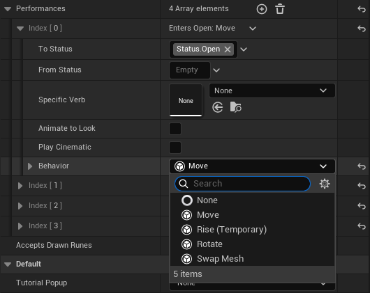 The Behavior dropdown open on a performance, listing None, Move, Rise (Temporary), Rotate, and Swap Mesh