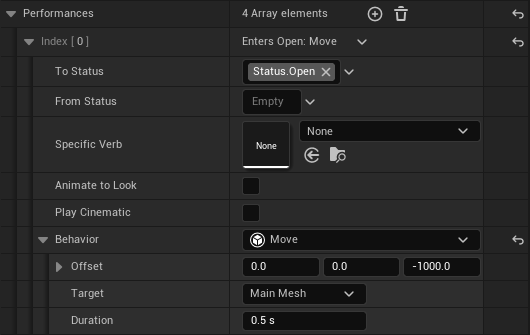 A performance with its Behavior set to Move, showing Offset, Target set to Main Mesh, and Duration