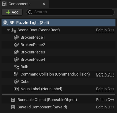 The Components panel of BP_Puzzle_Light: BrokenPiece1 to BrokenPiece4, Bulb, Command Collision, the Cube main mesh, Noun Label, Runeable Object, and Save Id Component