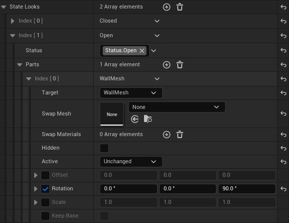 The Open row of State Looks on the tutorial wall: one part targeting WallMesh with Rotation ticked and yaw set to 90