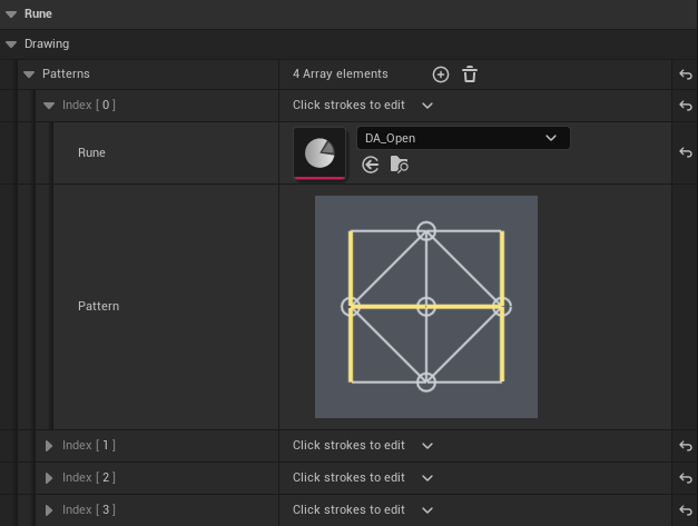 The drawing graph data asset: the Patterns array with the Open pattern expanded, showing its Rune and the Pattern picker with the pattern's strokes highlighted