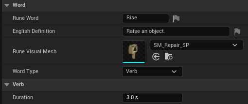 A verb data asset: the Word fields and the Verb category with Duration
