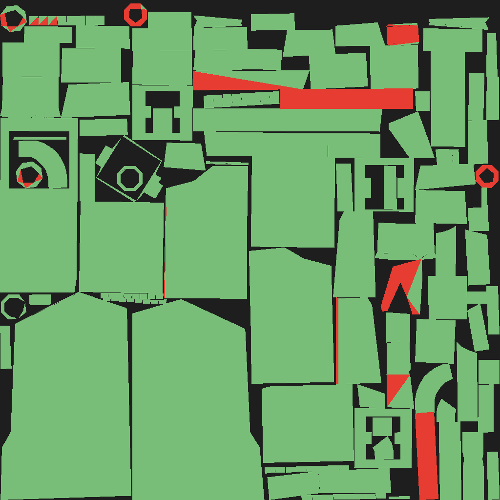 UV layout of the test building: green islands are exposed faces, red islands are faces buried inside a neighbouring block