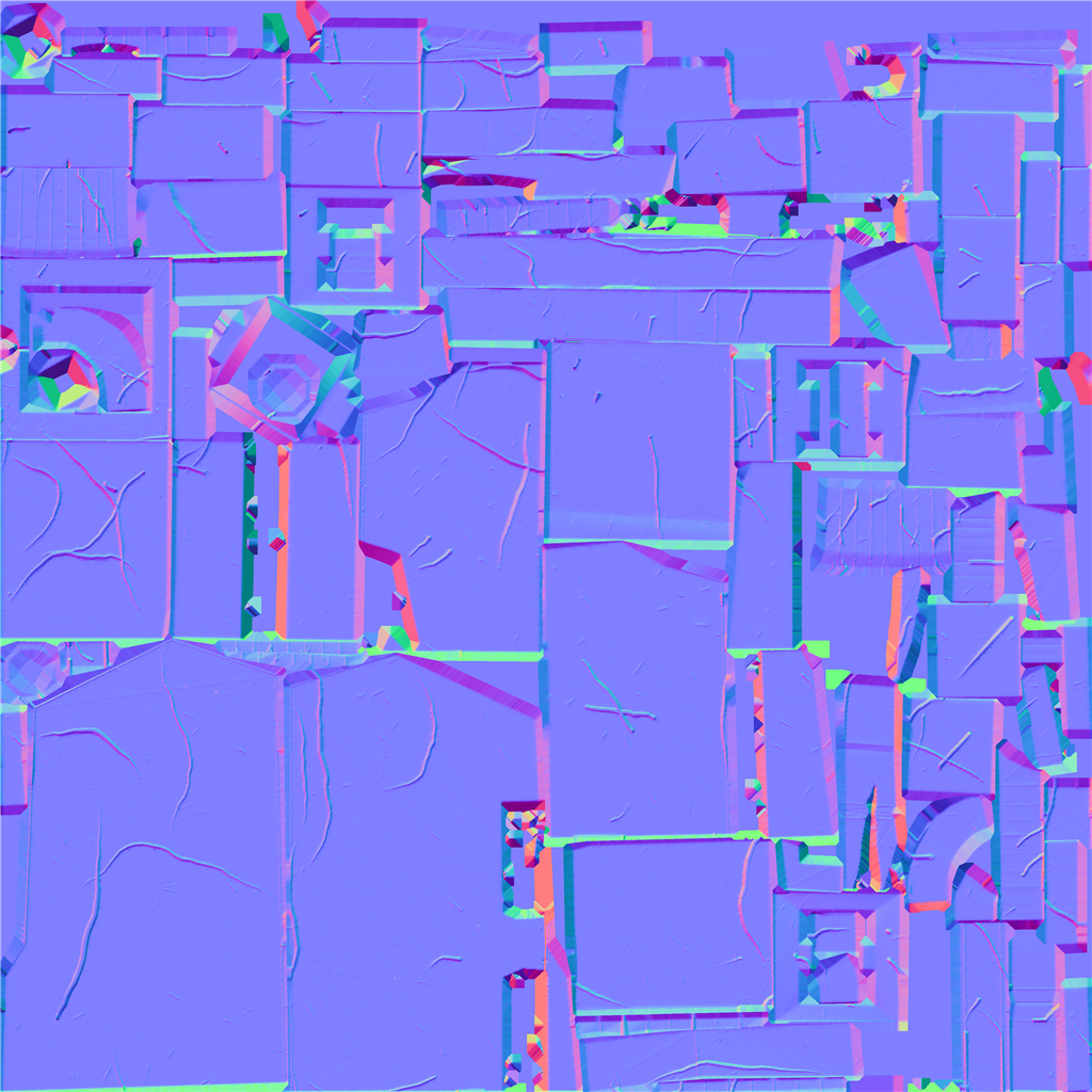 The baked normal map of the test building: flat blue faces with cracks, scratches and rounded edges