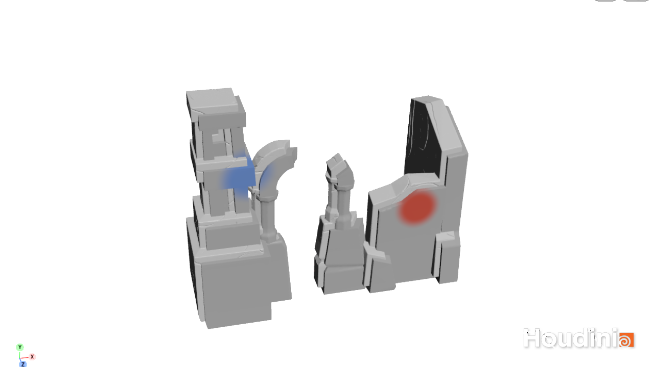 Paint view: the grey model with a red patch painted on a wall for more wear and a blue patch on the tower for no wear
