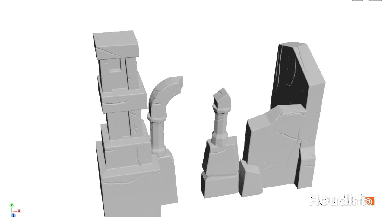 A 704-triangle building after Rephrased Auto Sculpt: rounded edges, chisel cuts along corners, cracks and scratches across the faces