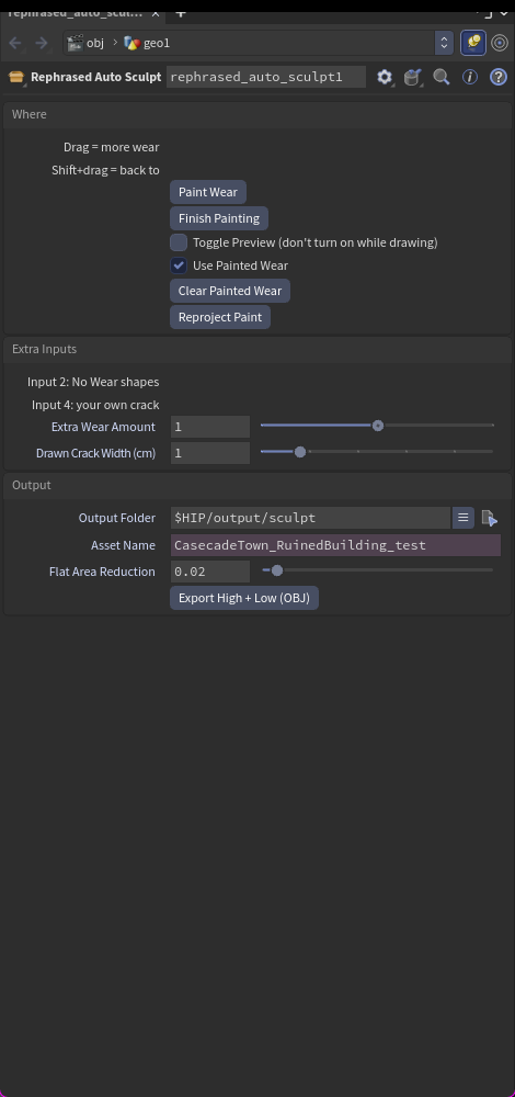 Bottom of the tool panel: the Where section with the paint buttons, Extra Inputs, and Output with the export button