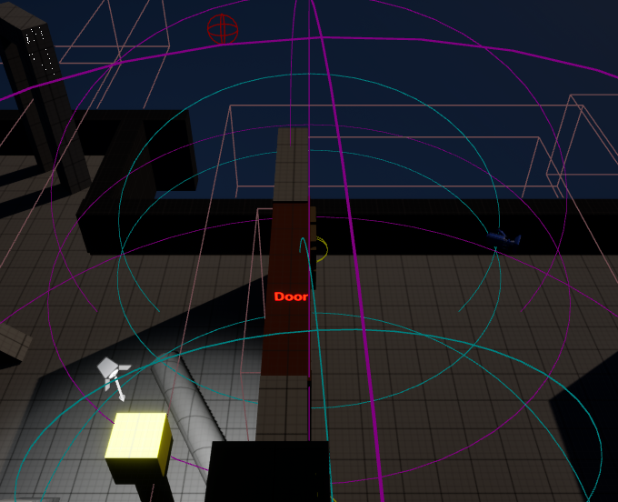 A placed Door world rune in the viewport with its small yellow interaction sphere, cyan command sphere, and magenta deactivation sphere; arcs from neighbouring runes cross the view